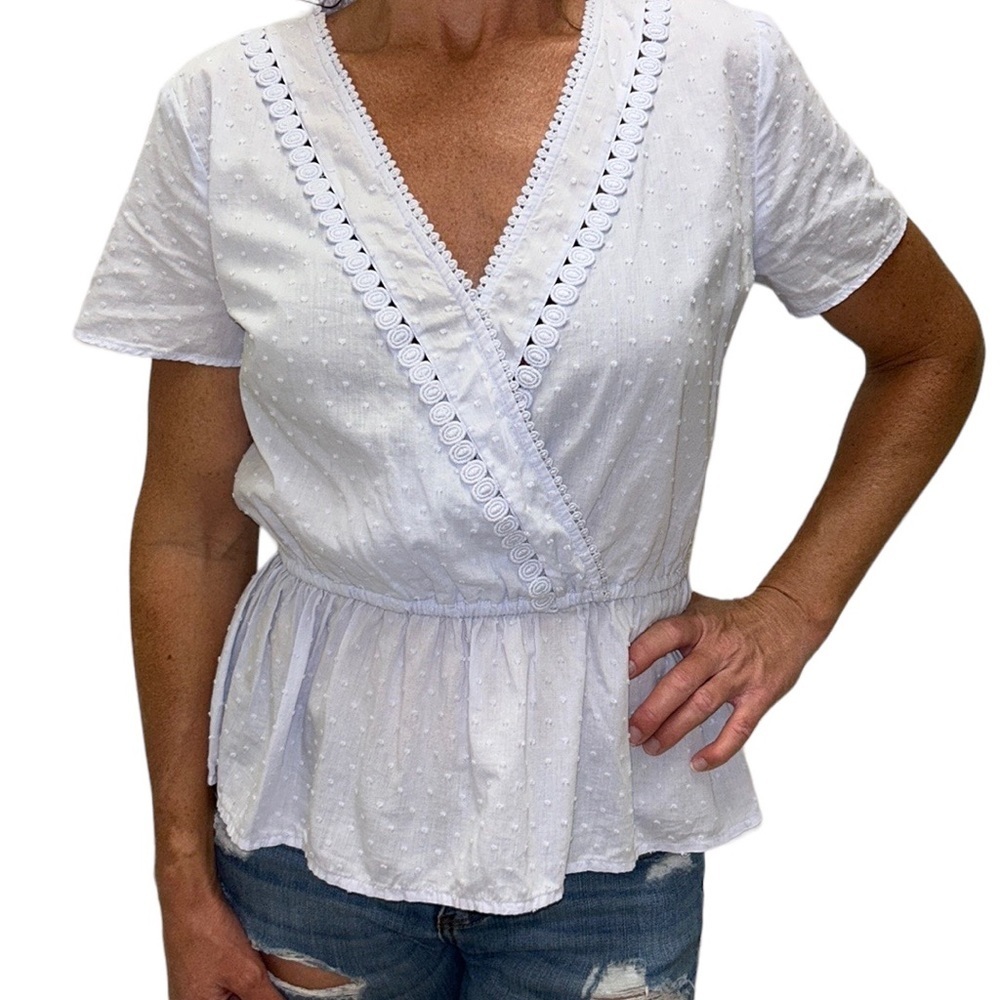 LOFT | Swiss Dot Blouse Embroidered Crochet Peplum Faux Wrap Light Blue‎ …
